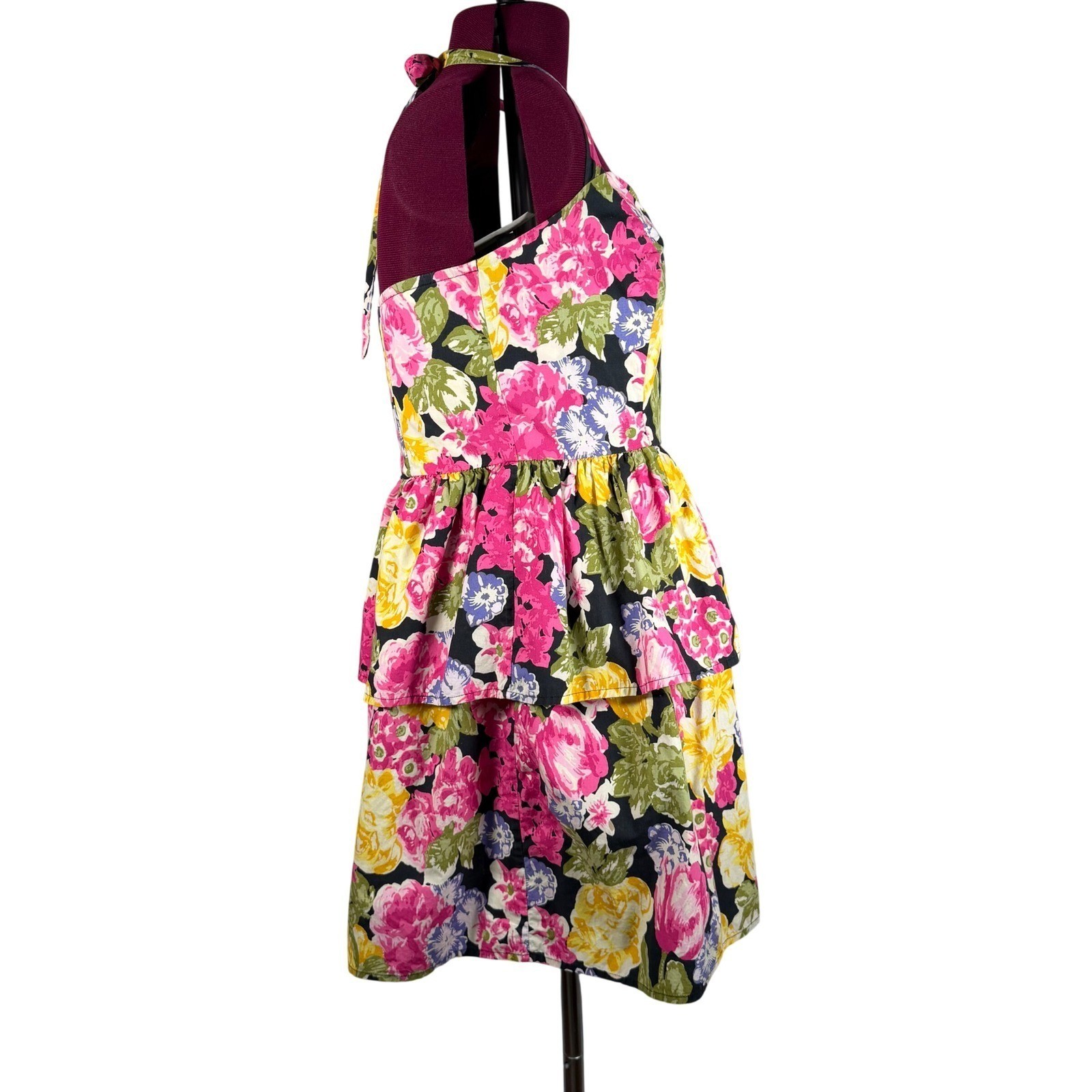 Moda International Floral Halter Dress Cotton Tiered Peplum Retro Y2K Vtg Size 6