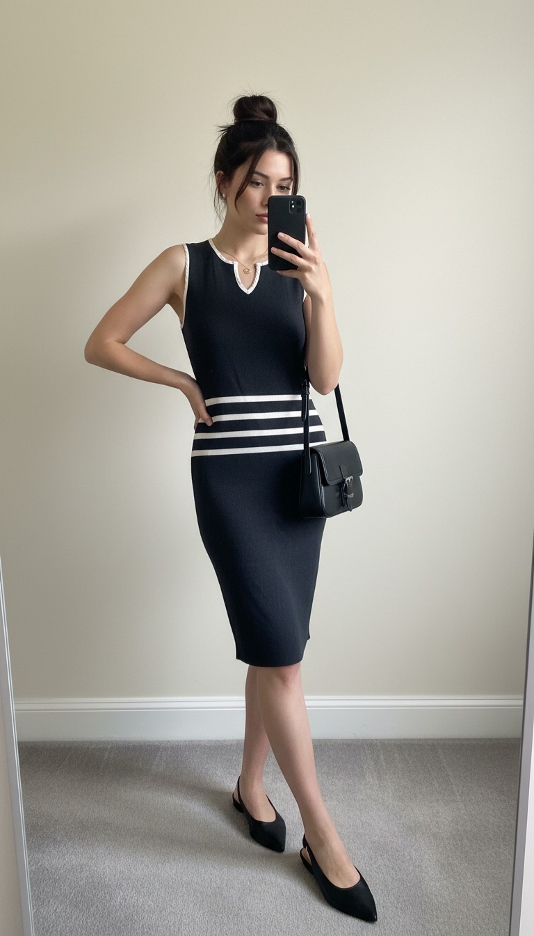 Schumacher knit midi dress striped pencil bodycon dress grey white M 38