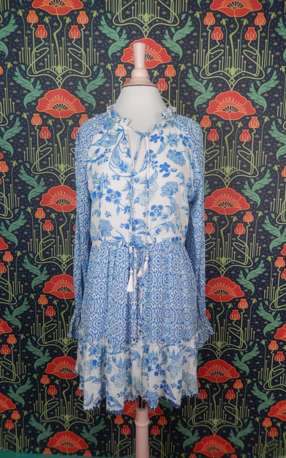 House Of Harlow Dress Blue White Boho Peasant Gold Metallic Thread Hippie New S