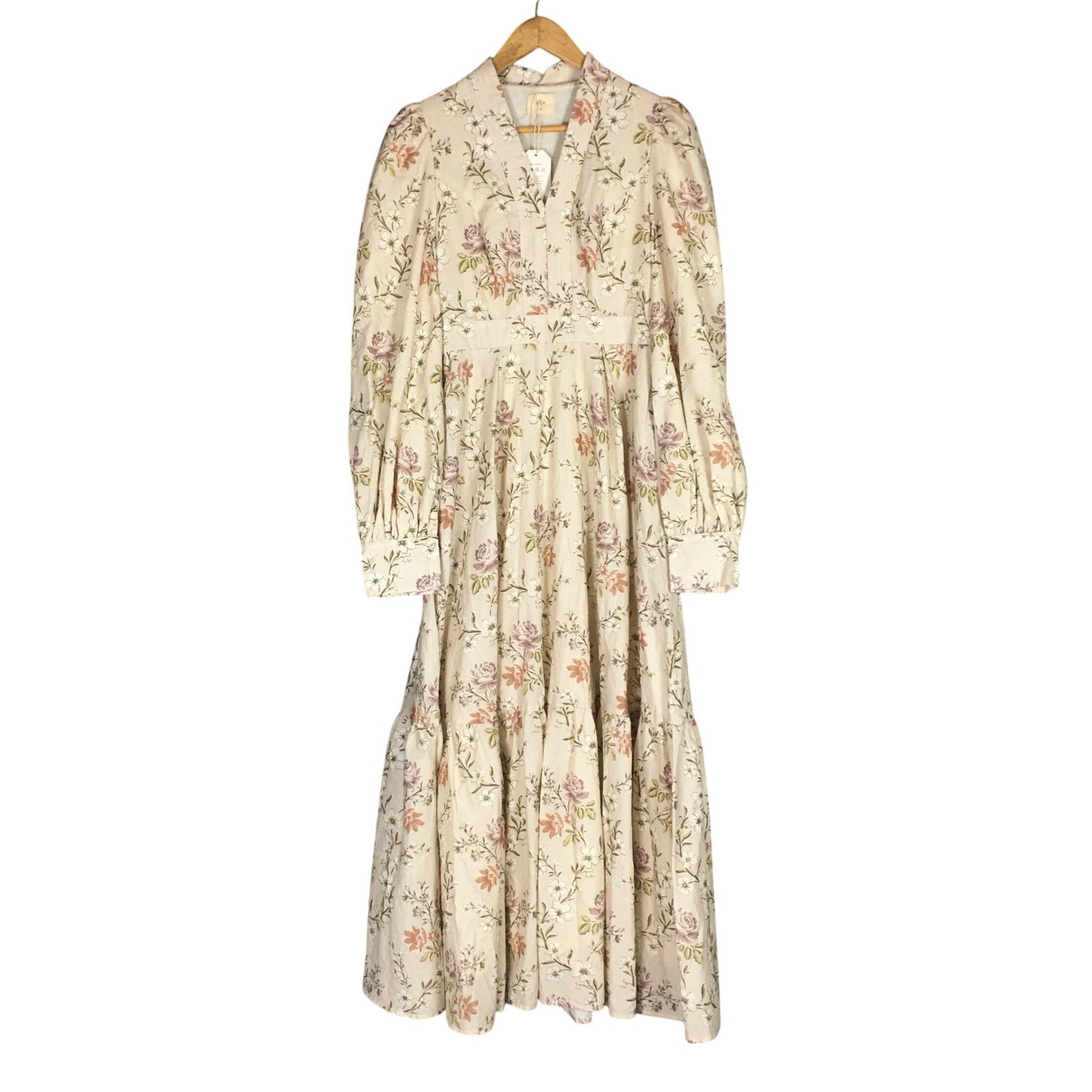 Linen Vibes Floral Maxi Dress XS NWT Cream Cottagecore Lace Up Back Puff Sleeve