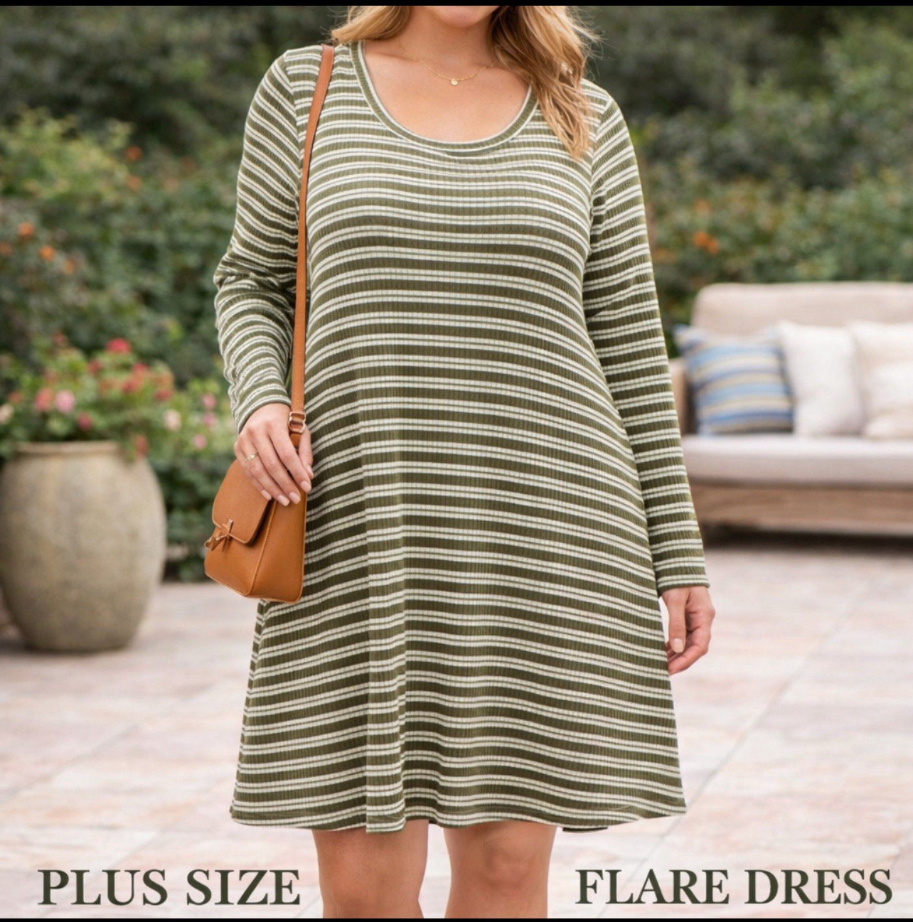She + Sky Women’s Swing Flair Textured Dress 1XL Ribbed Long Sleeve Olive White
