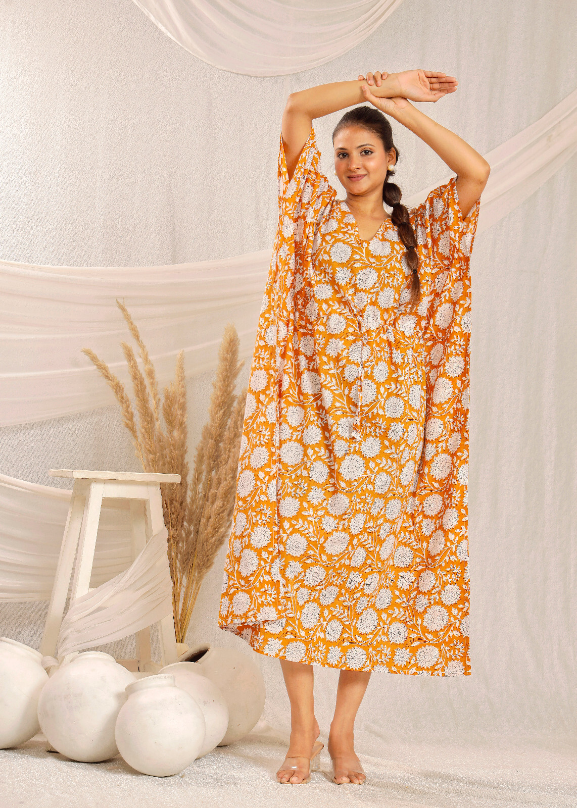 Beautiful white and orange color flower print kaftan modern kaftan dress