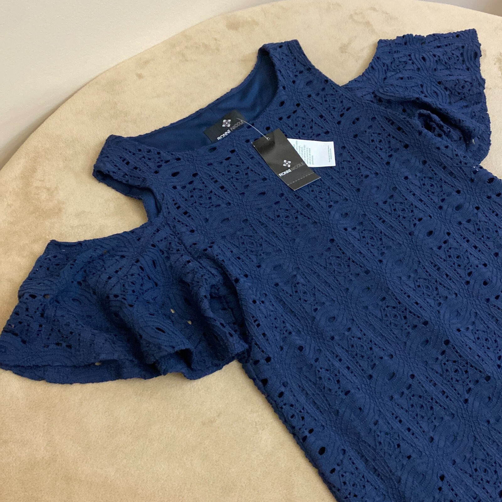 NWT Ronni Nicole Womens Navy Blue Cold Shoulder Sleeve Shift Dress Size Small