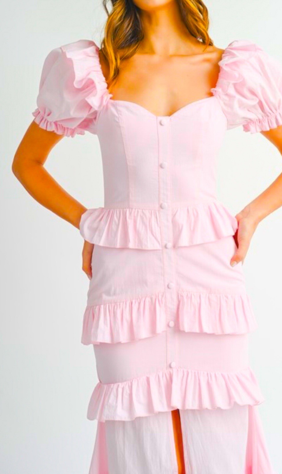 Lovely Cream Pink Puff Sleeve Ruffle Women’s New Maxi dress New S,M,L