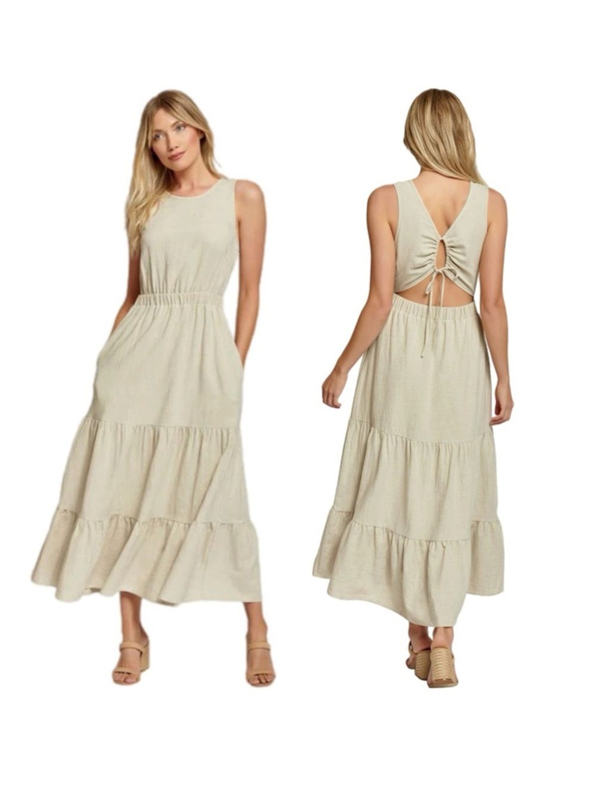 Lost + Wander Linen Blend Sleeveless Tiered Dress Back Cutout In Oatmeal Size S