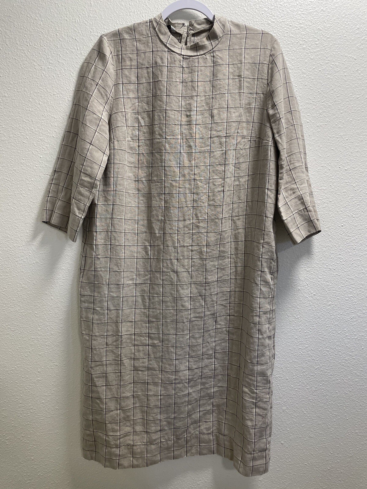Linenfox Checkered Linen Shift Dress Short Sleeve Pockets Lagenlook Tan XL
