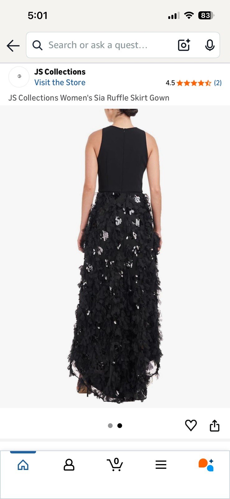 JS Collections Black Long Sleeveless Round Neck Hi-Low Ruffle Sequin Gown Sz 4