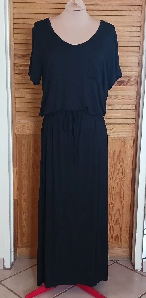 Nordstrom Caslon Sz 1X Soft Jersey Knit Maxi Dress Blouson Black Short Sleeve