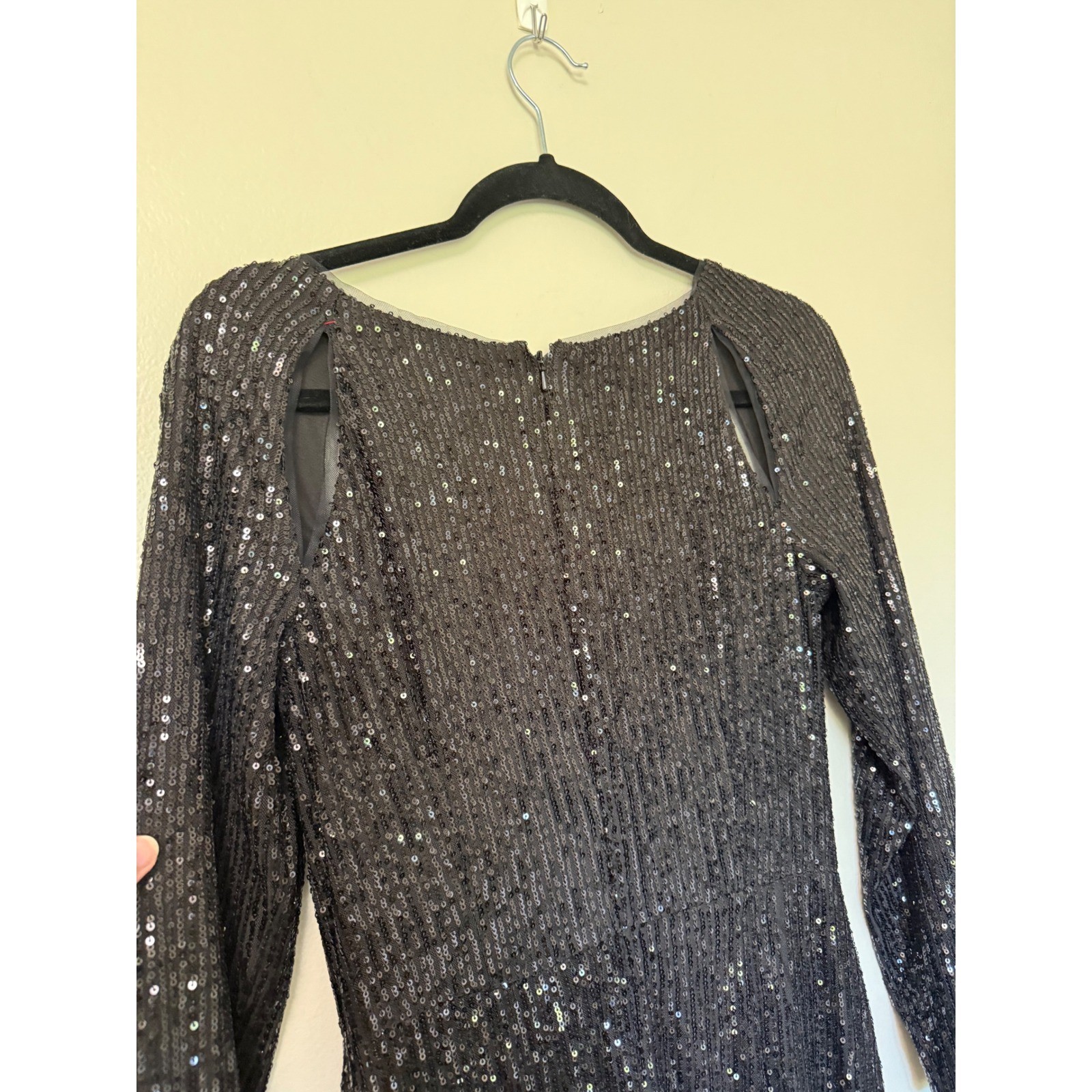 Black Sequin Long Sleeve Maxi Dress Shoulder Cut Out Side Slit Formal Gown
