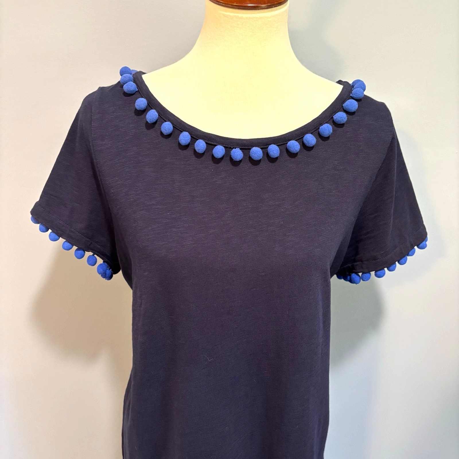 Boden Bridget Navy Pom Pom Slub Cotton Shift Dress Coastal Preppy Size 12