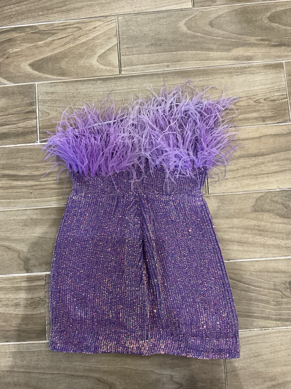 Retrofête Purple Sequin Feather Trim Strapless Mini Dress Women’s XS