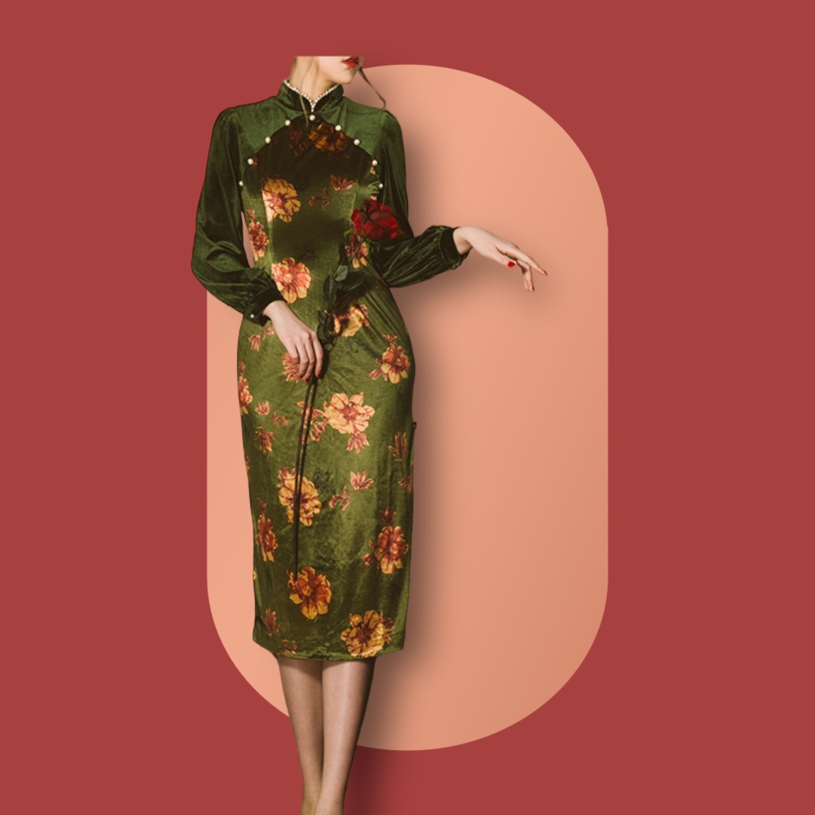 Miss Egg Akutagawa Vintage Stand Collar Velvet Side Slit Floral Qi Dress Medium