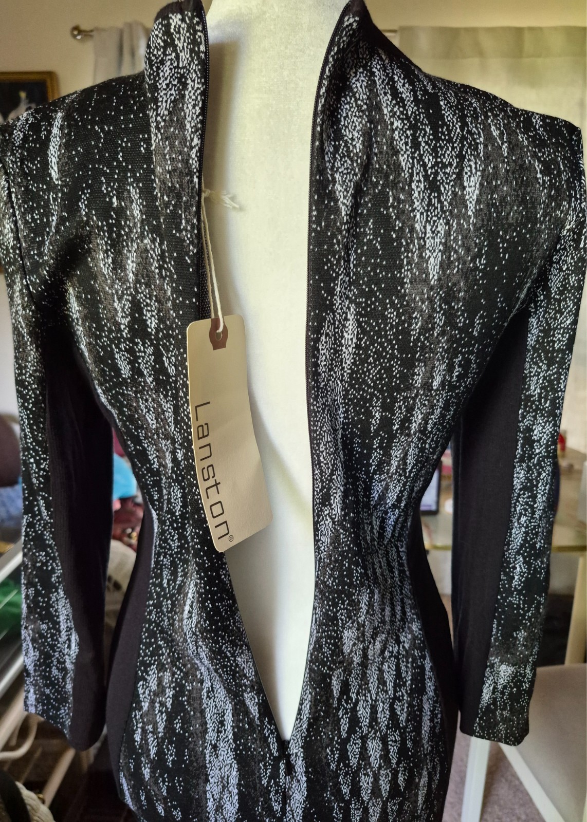 NWT Lanston Women’s S Black & Silver Jacquard Pattern Long Sleeve Dress L-784JA
