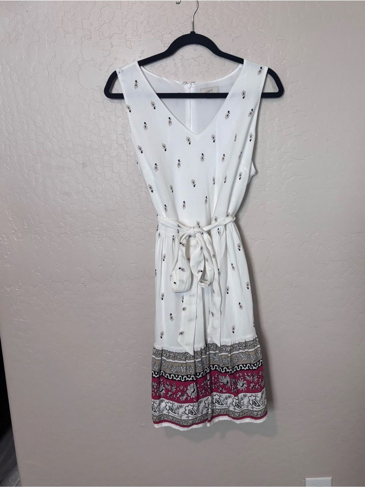 LOFT White Floral Border Print Tie Waist Midi Dress Women’s 10