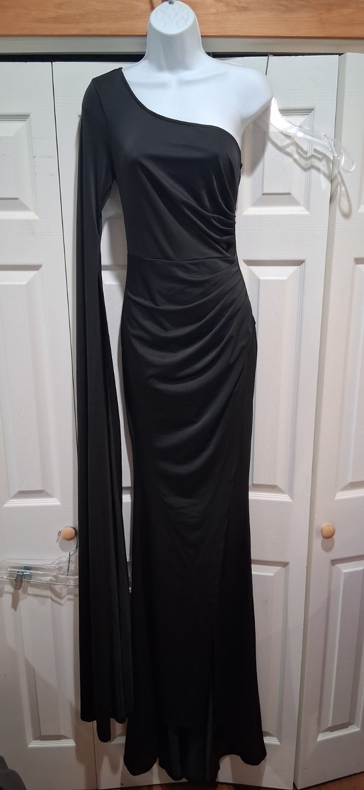 ADYCE One-Shoulder Bandage Dress with Floor-Length Sleeve & High Slit – Small
