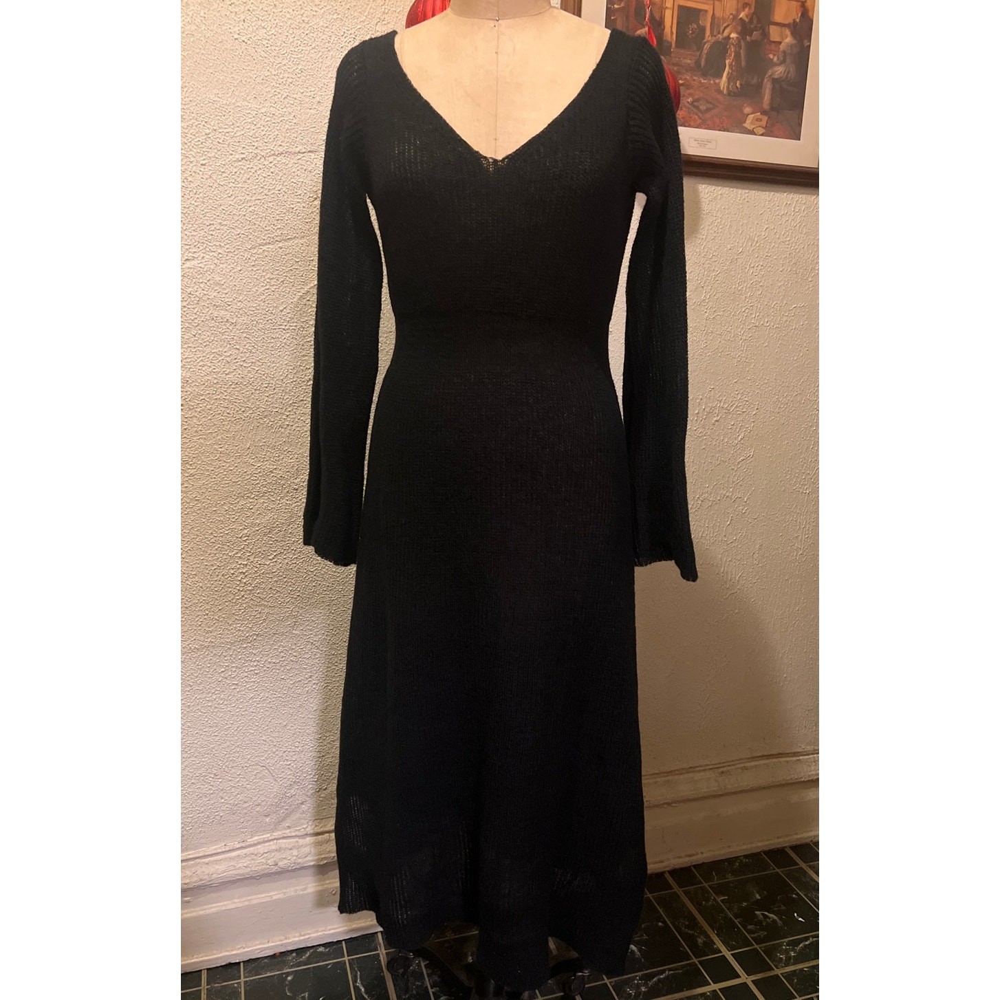 Knit Mix Semi Sheer Lightweight Long Sleeve V-Neck Knit Dress Black NWT Size XL
