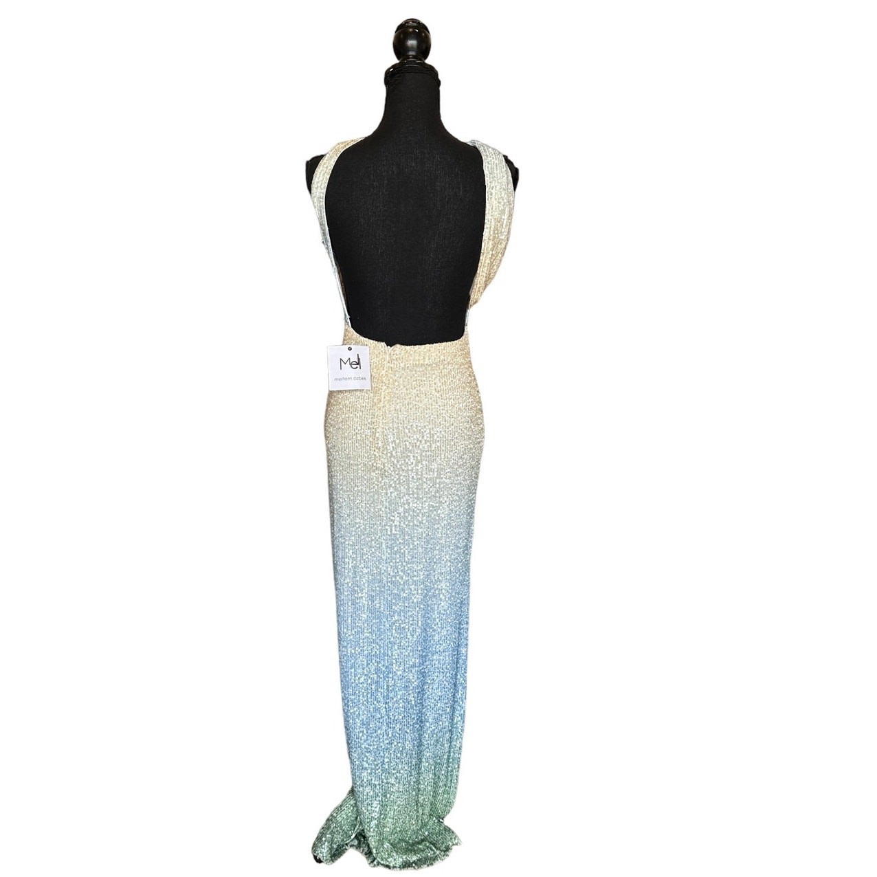 Meltem Ozbek Blue Sequin Gown SIZE 6 Cutout Ombre Formal Slit Designer $750 NEW