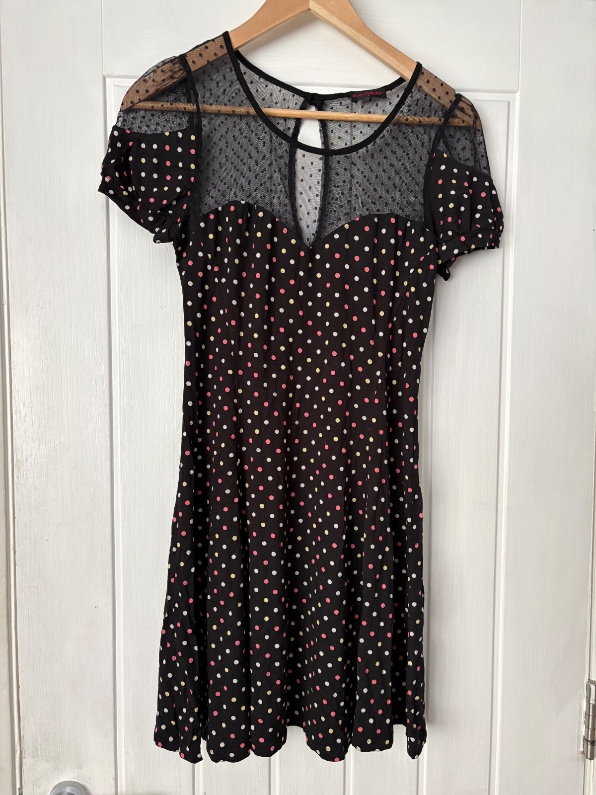 Miss Selfridge Black & Multicoloured Polka Dot Mesh Overlay Dress, UK 10