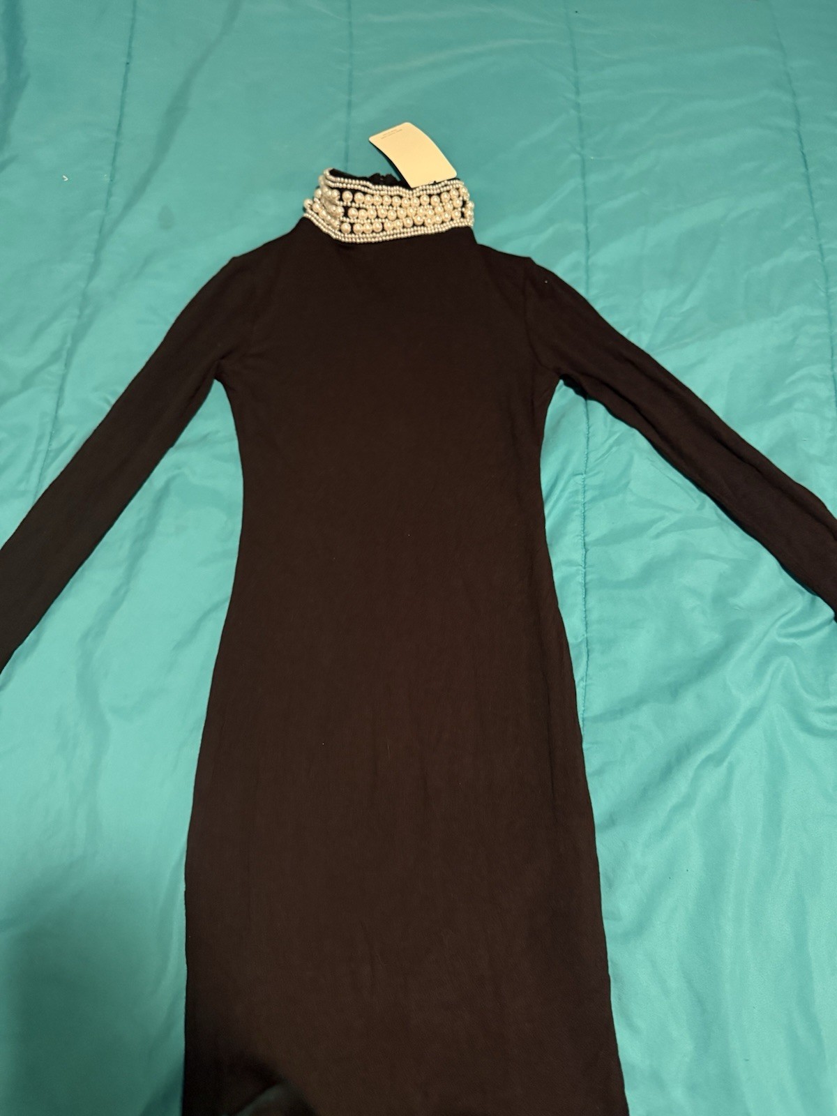 JUSHYL Black Solid Beaded Long Sleeve Long Dress Zip Closure Size S Women