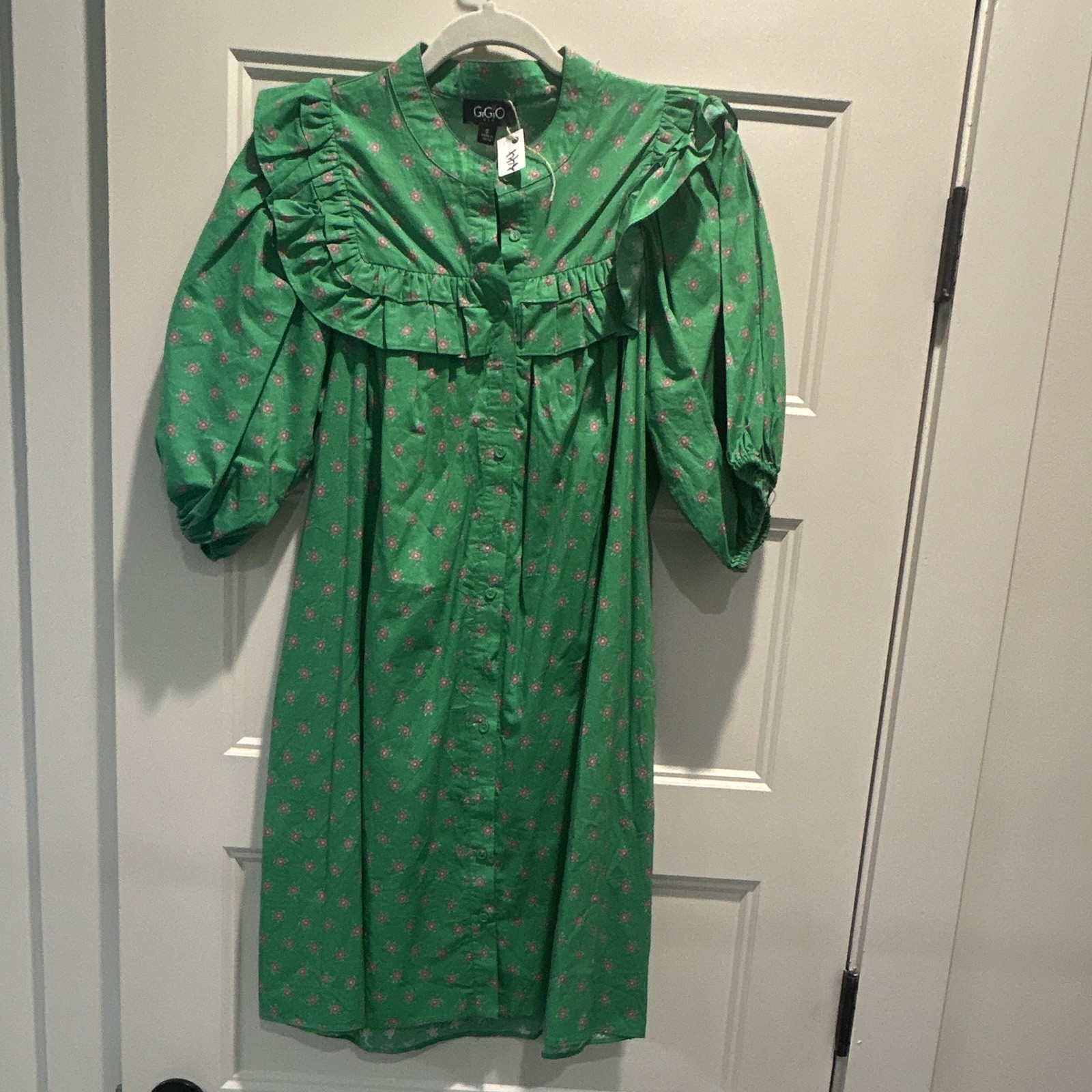 GiGiO Green Floral Collared A-Line Dress Ruffle Button Puff Sleeve S
