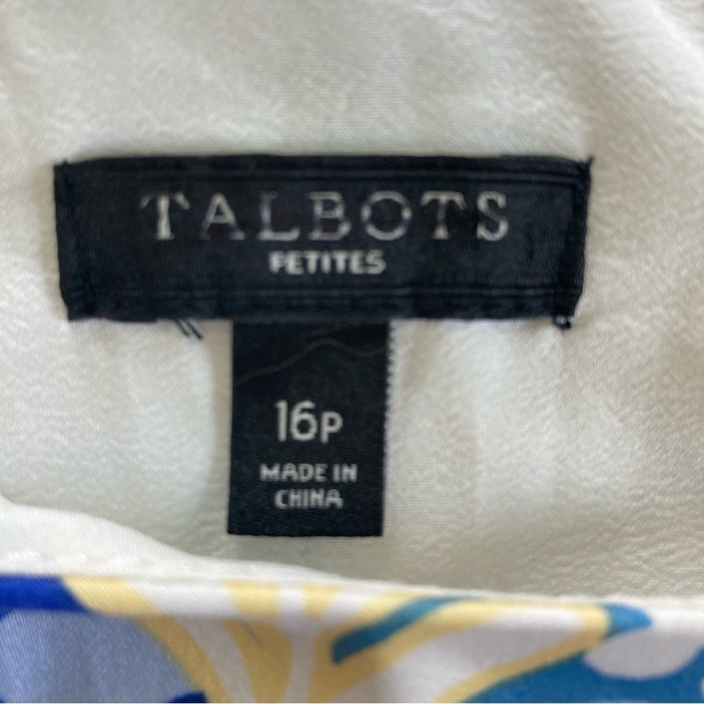 Talbots Botanical Garden Cotton Shift Dress Tan Blue Flounce Hem (Size 16P)