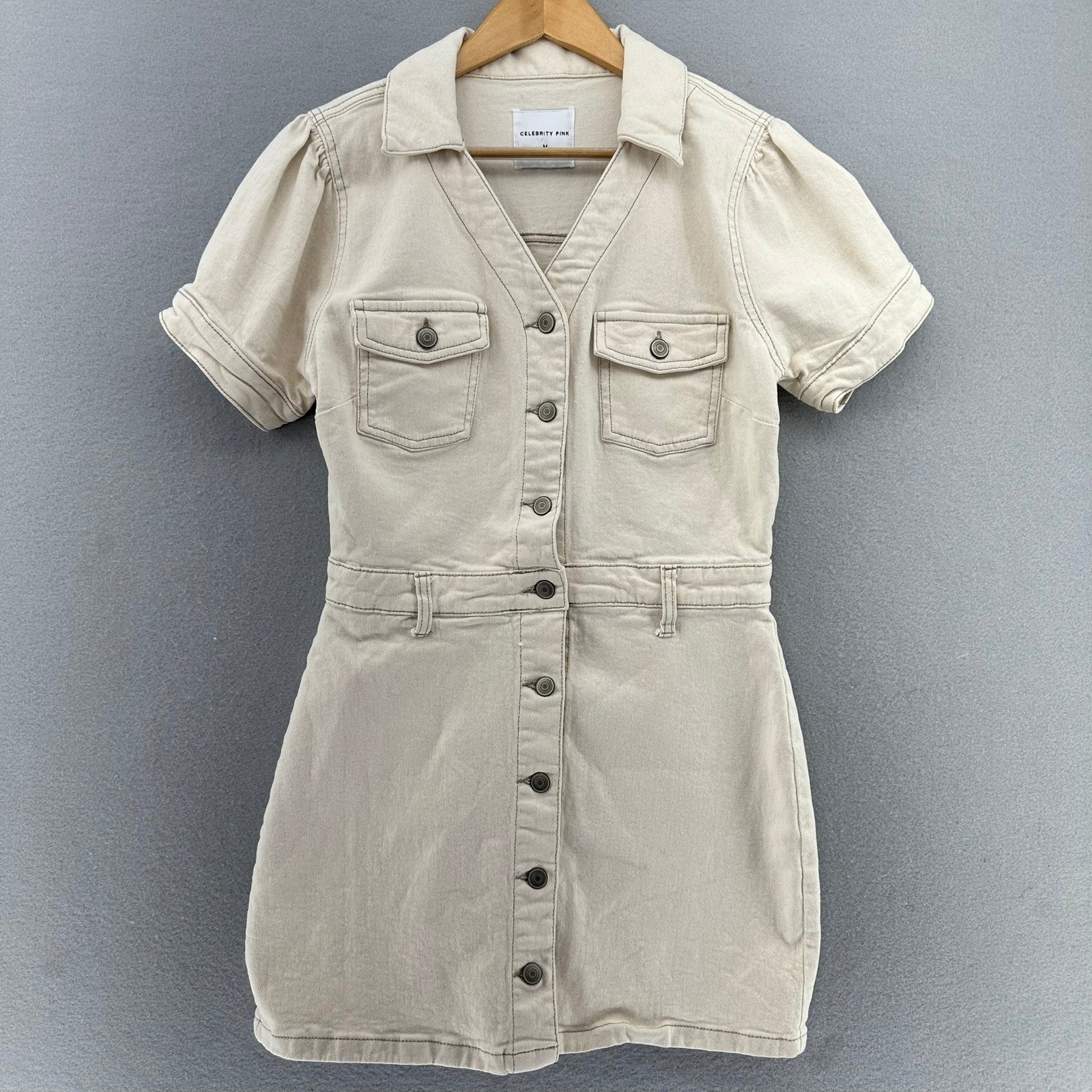 CELEBRITY PINK Denim Dress Button Up Off White MED Retro Punk Rock Hardcore Edgy