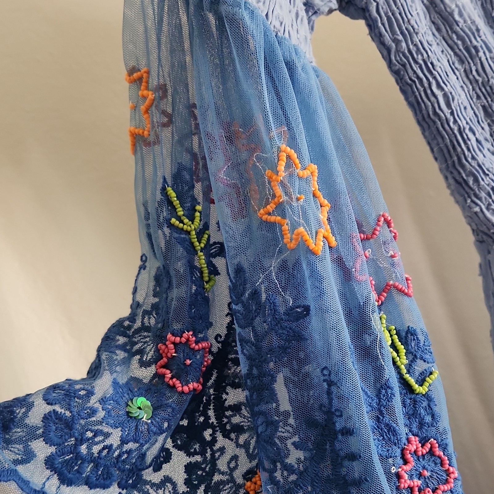 Antica Sartoria Blue Beaded Embroidered Mesh Floral Dress – One Size fits most
