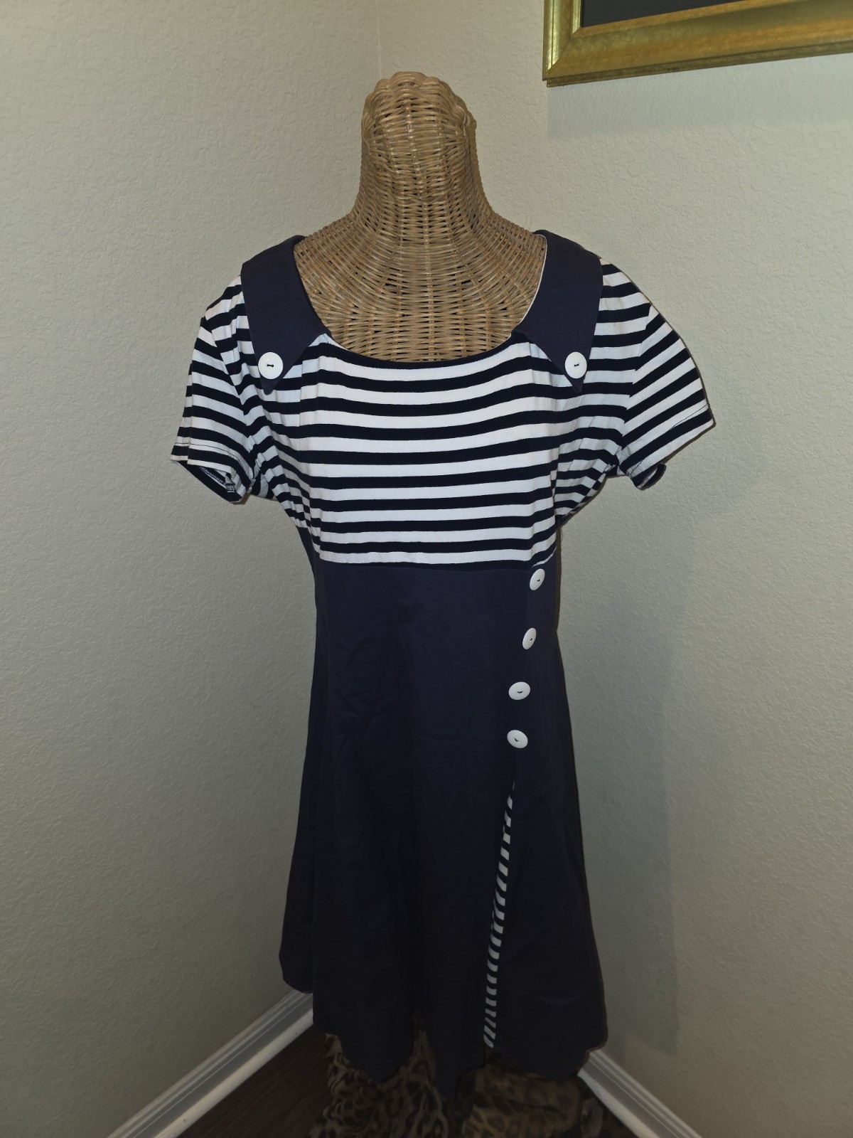 Vintage Inspired Pinup Dress, 4XL, Navy Blue and White Stripe Sailor Dress