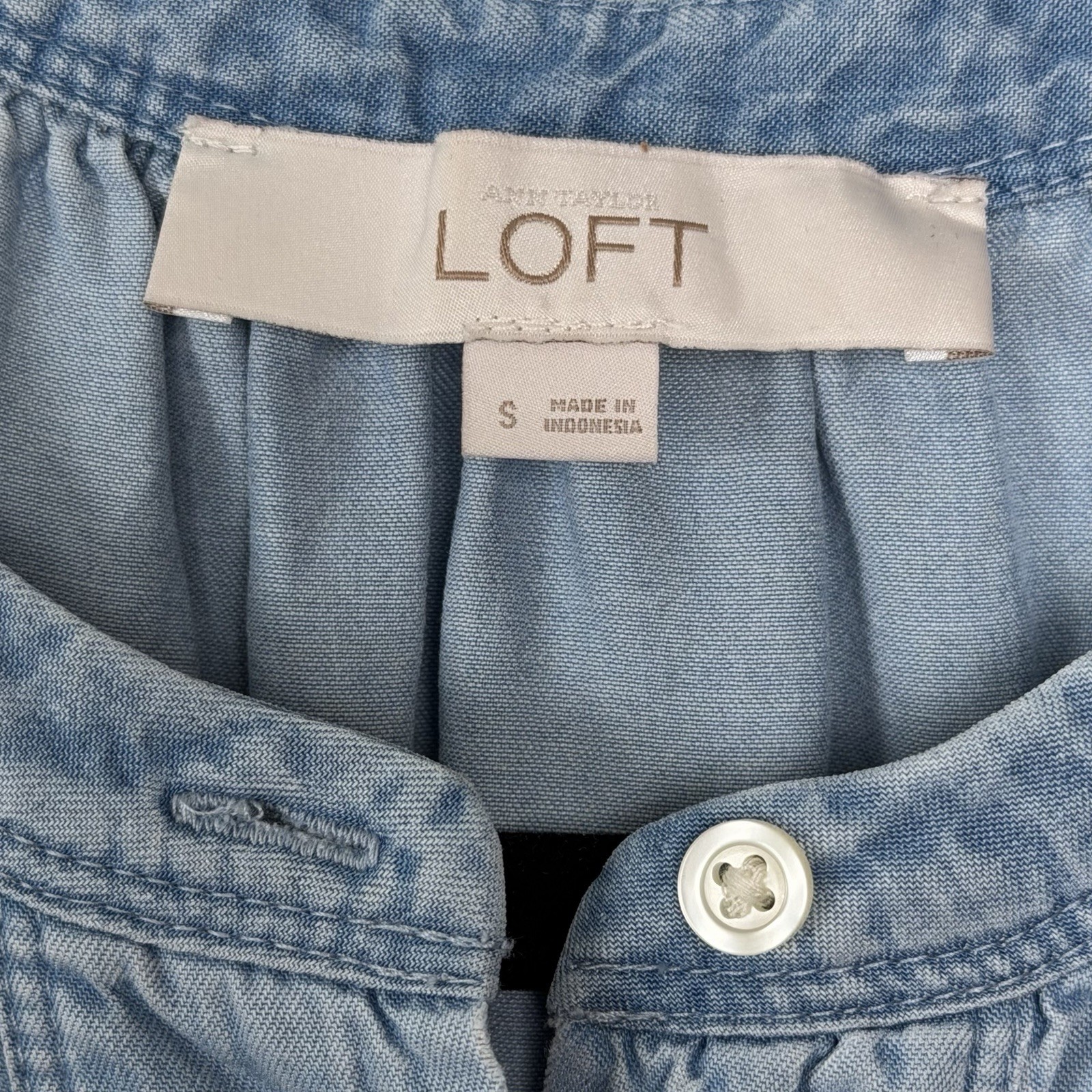LOFT Chambray Sleeveless Shirt Dress Blue Button Front Tie Waist Women’s Small