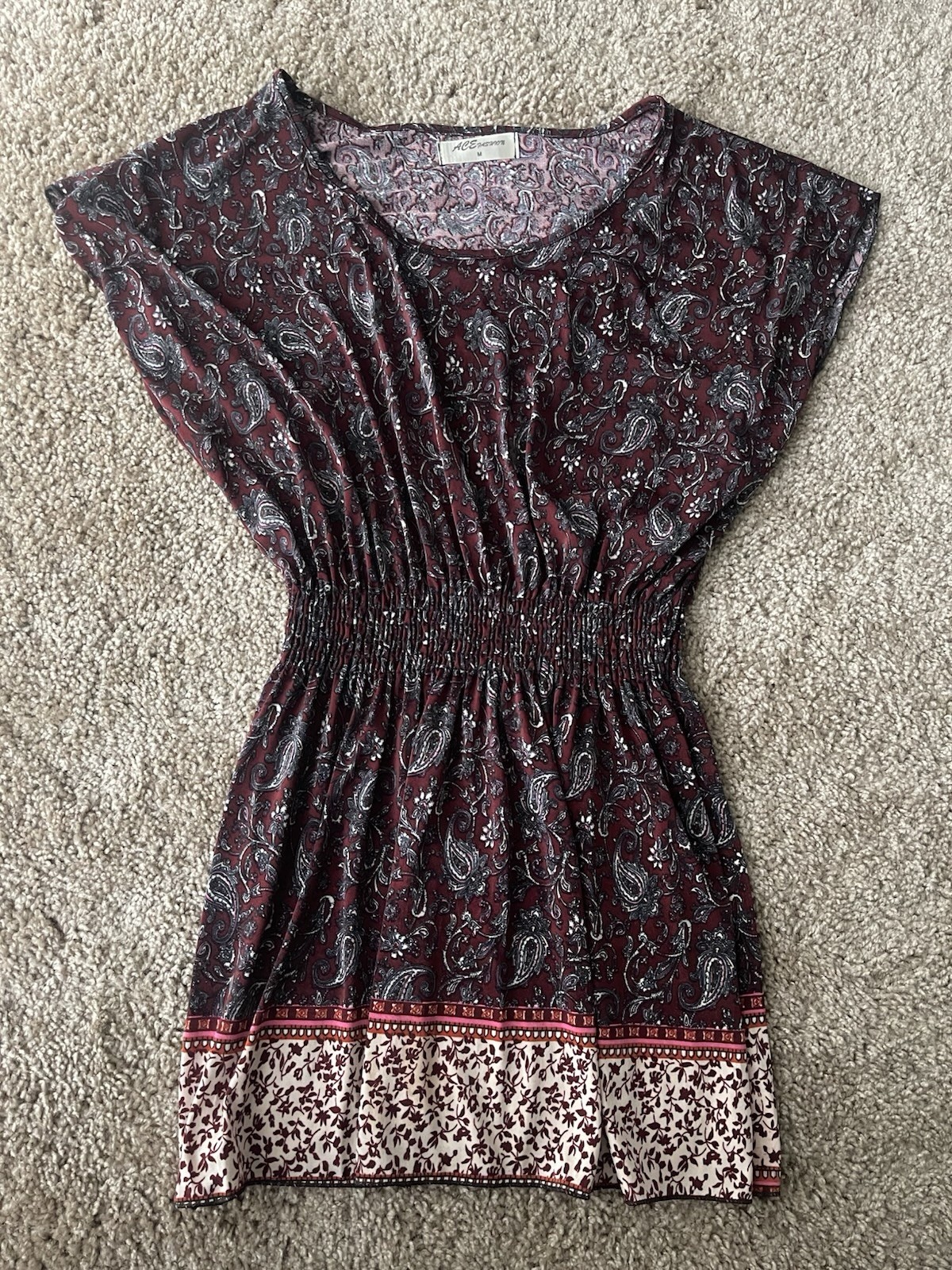 ACE Fashion Boho Paisley Smocked Waist Tunic Top Mini Dress Maroon Womens Medium