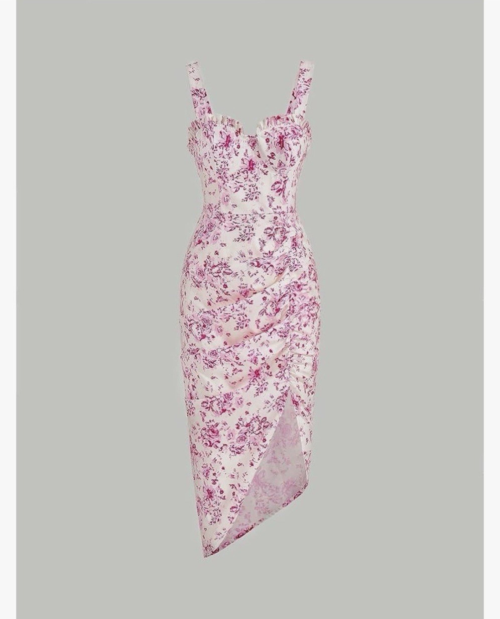 ADANTI Floral Satin Ruched Sweetheart Cami Thigh Slit Midi Dress, S
