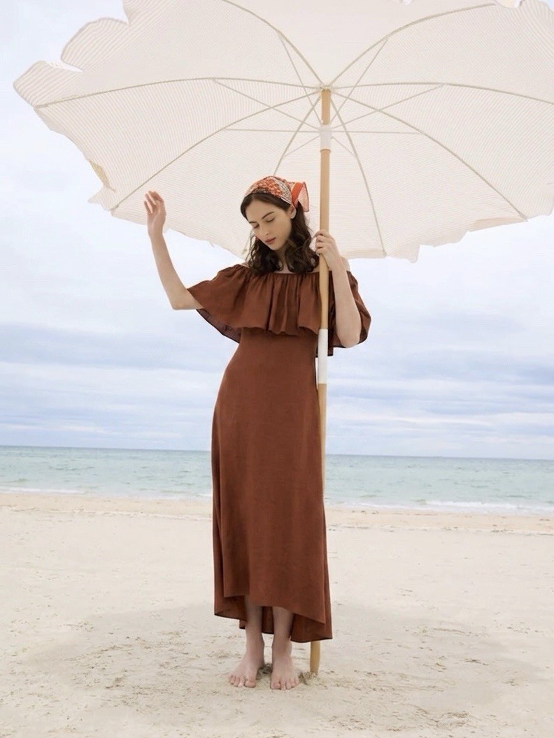 ZARA NWT Rust Off-the-Shoulder Linen Blend Midi Dress Sz Small Boho Chic Resort