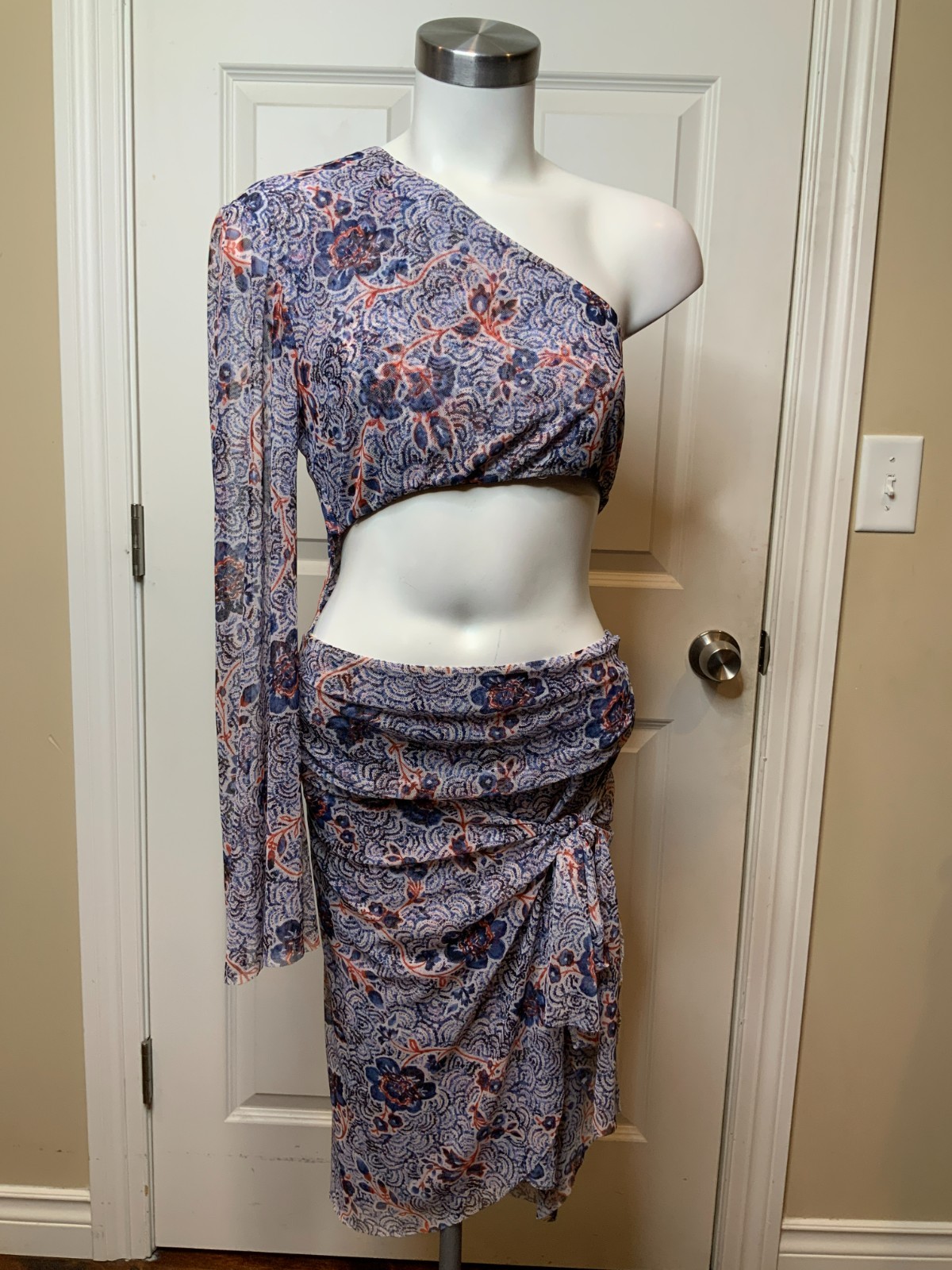 Misa Los Angeles White, Blue, Red Floral Mesh Calypso Cutout Dress, Size M, NWT!