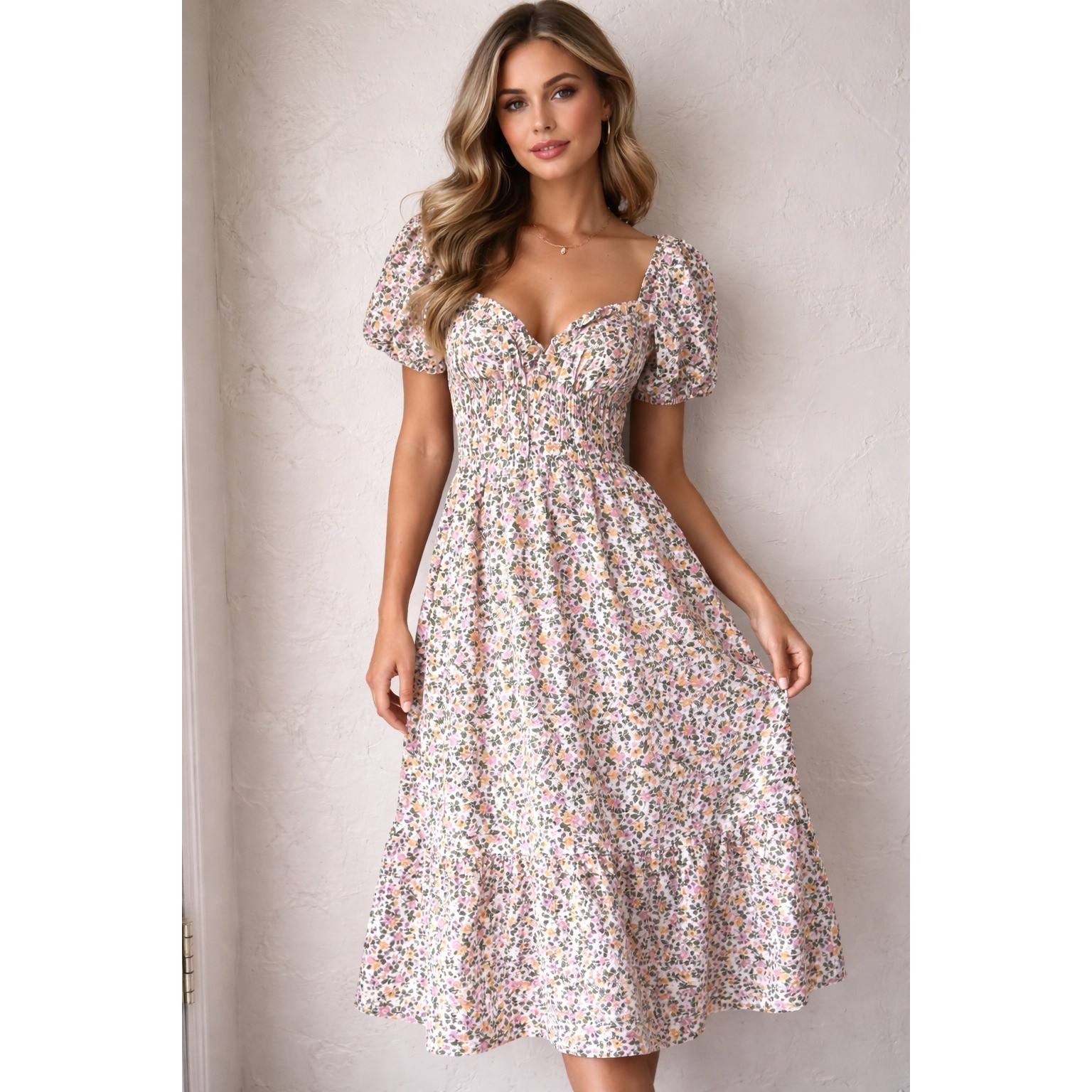 ASOS Floral Puff Sleeve Square Neck Midi Dress Size XS Milkmaid Cottage Midi