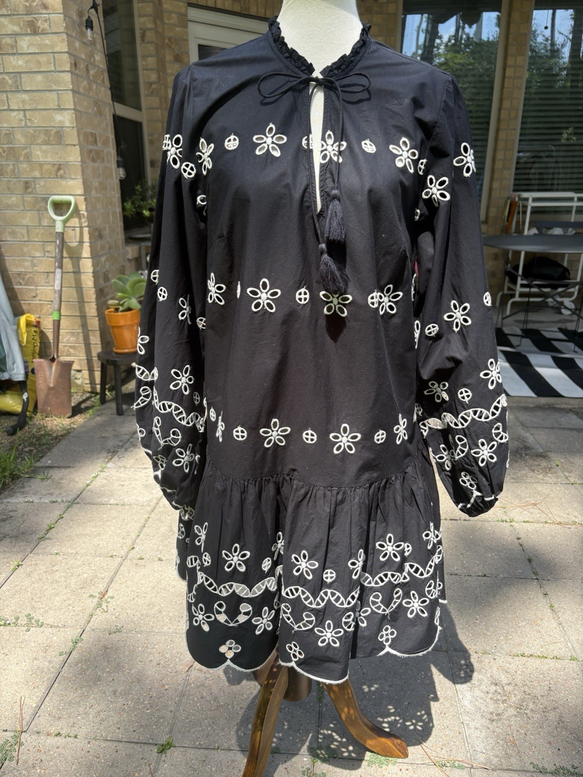 H&M Eyelet Embroidered Black Ruffle Mini Dress Size Medium