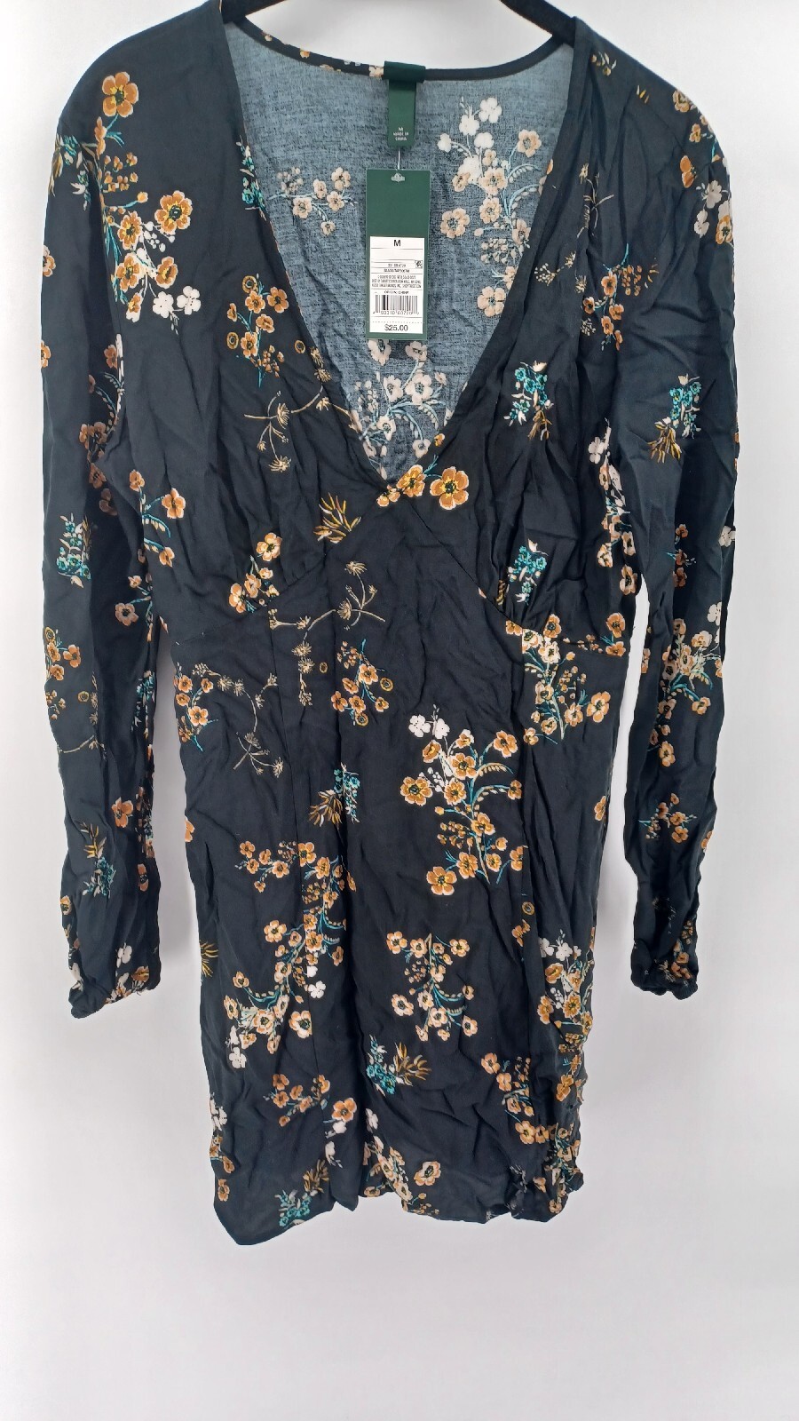 Wild Fable Women’s Floral Mini Dress Long Sleeve Medium Black V-Neck NWT