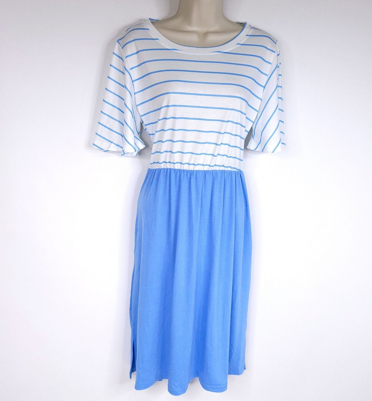 Merokeety Womens Dress M Blue White Stripe Short Sleeve Tied Pocket Nautical