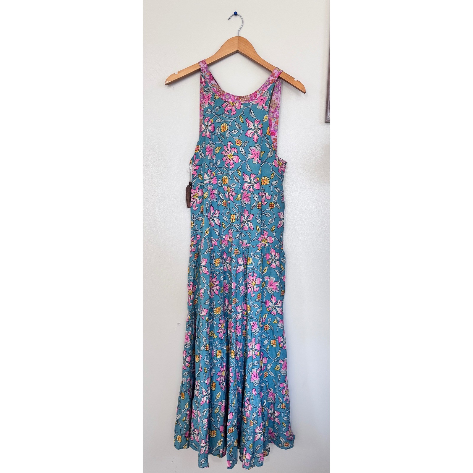 Natural Life Floral Maxi Dress Teal Pink Boho Tiered Rayon Tie Back Small NWT