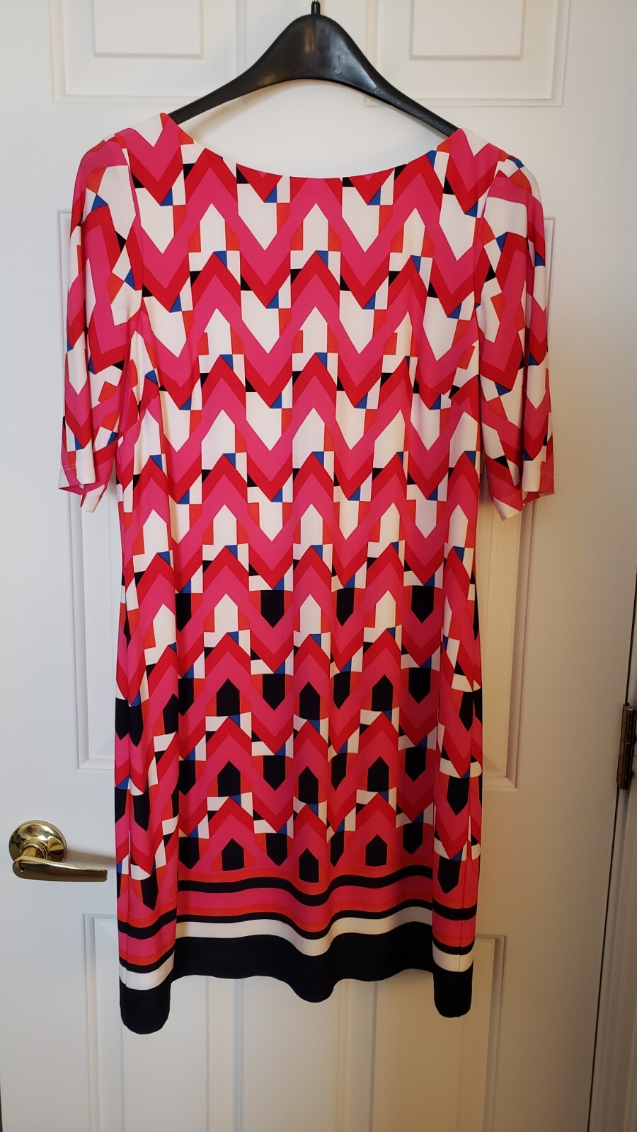 Eliza J Sz 10P Shift Dress Geometric Print Navy Pink Back Zipper Knee Length