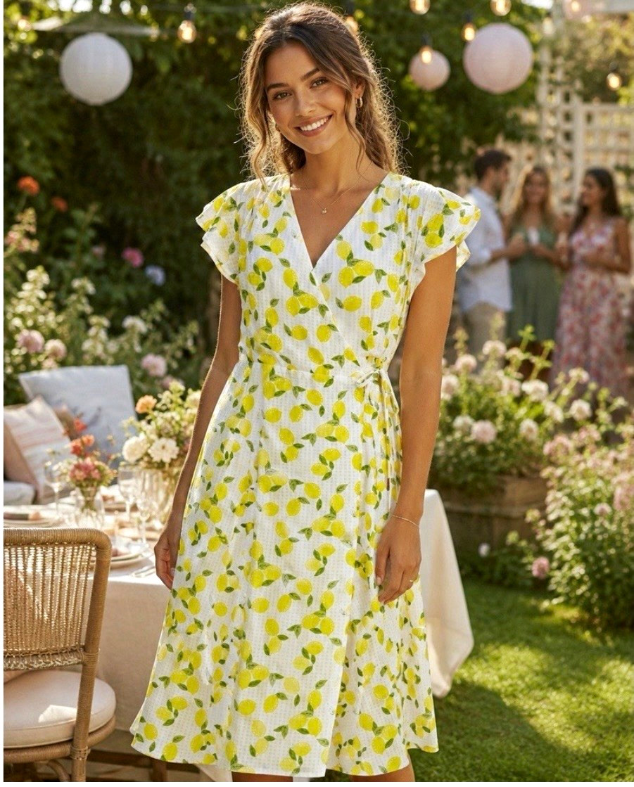 Draper James RSVP White/Yellow Lemon Fruit V-Neck Wrap Midi Dress Lined XS