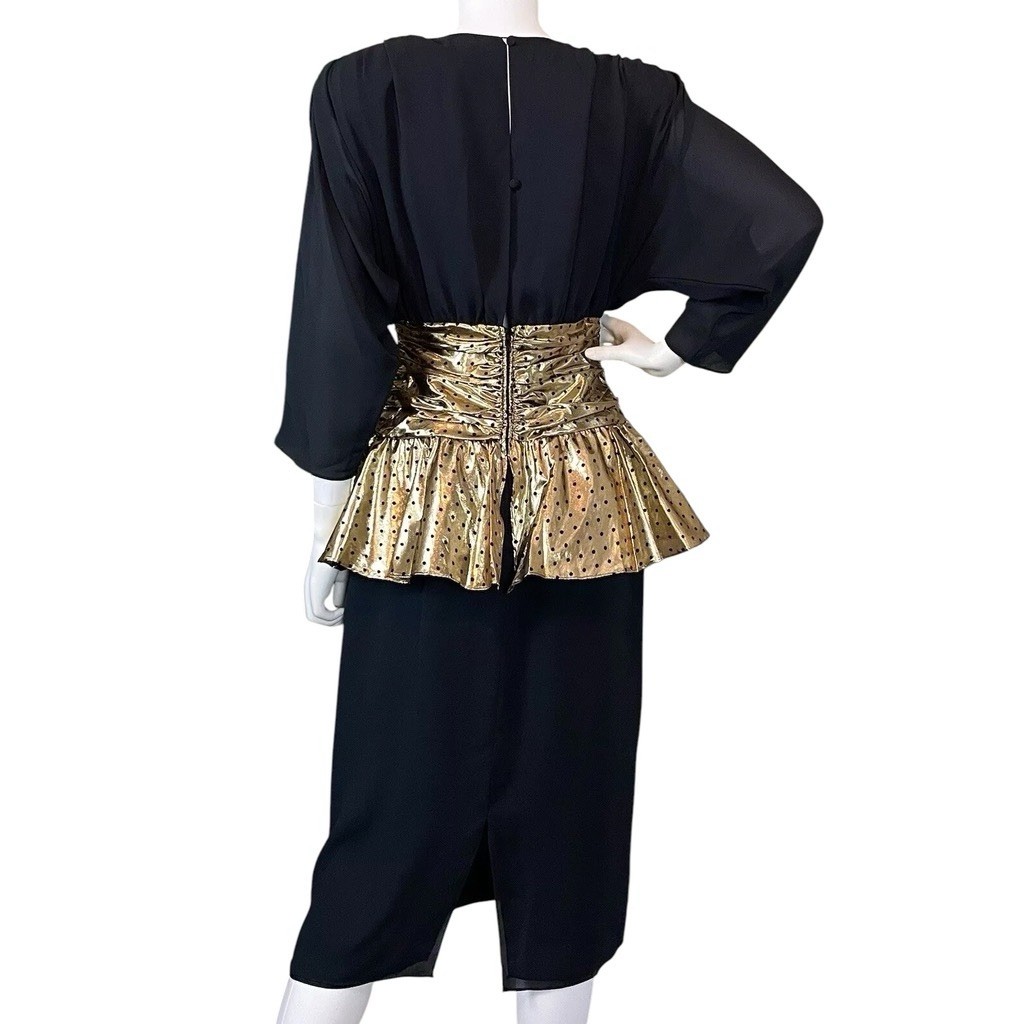 Vtg 80s Pat Richards Metallic Ruched Peplum Lame Dot Dress Black Gold Size 8