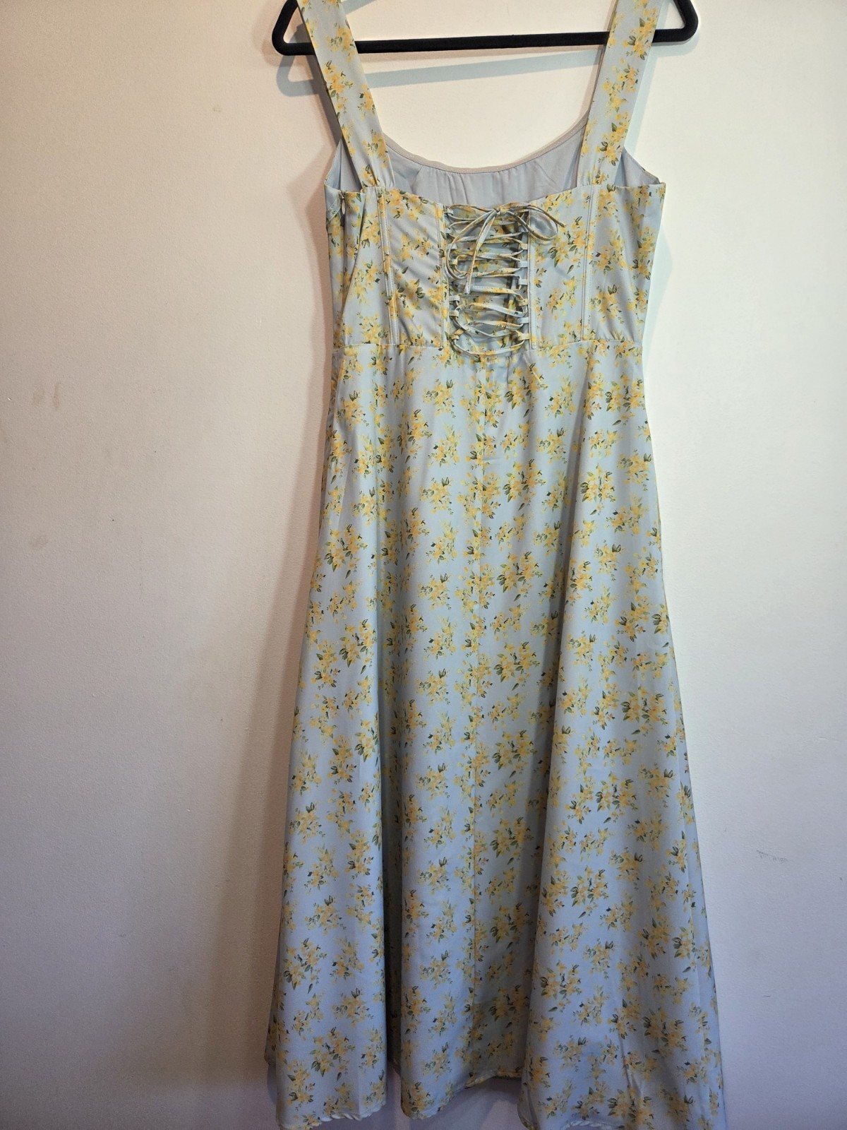 UNBRANDED Size L Blue/Yellow Floral Square Neck Corset Back Lace Up Midi Dress