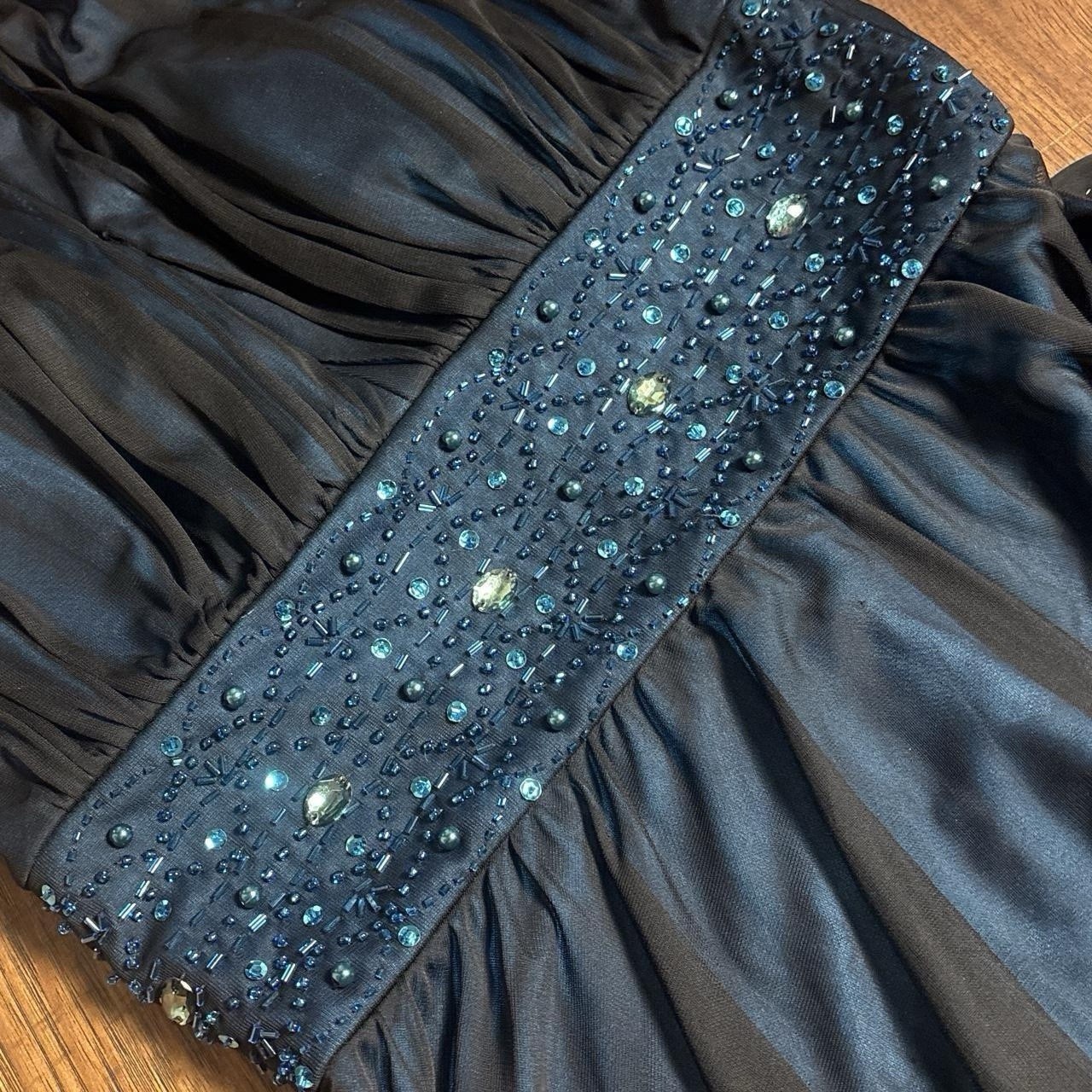 Vintage Jessica Howard Black & Blue Chiffon Dress W Beaded Waist 6P