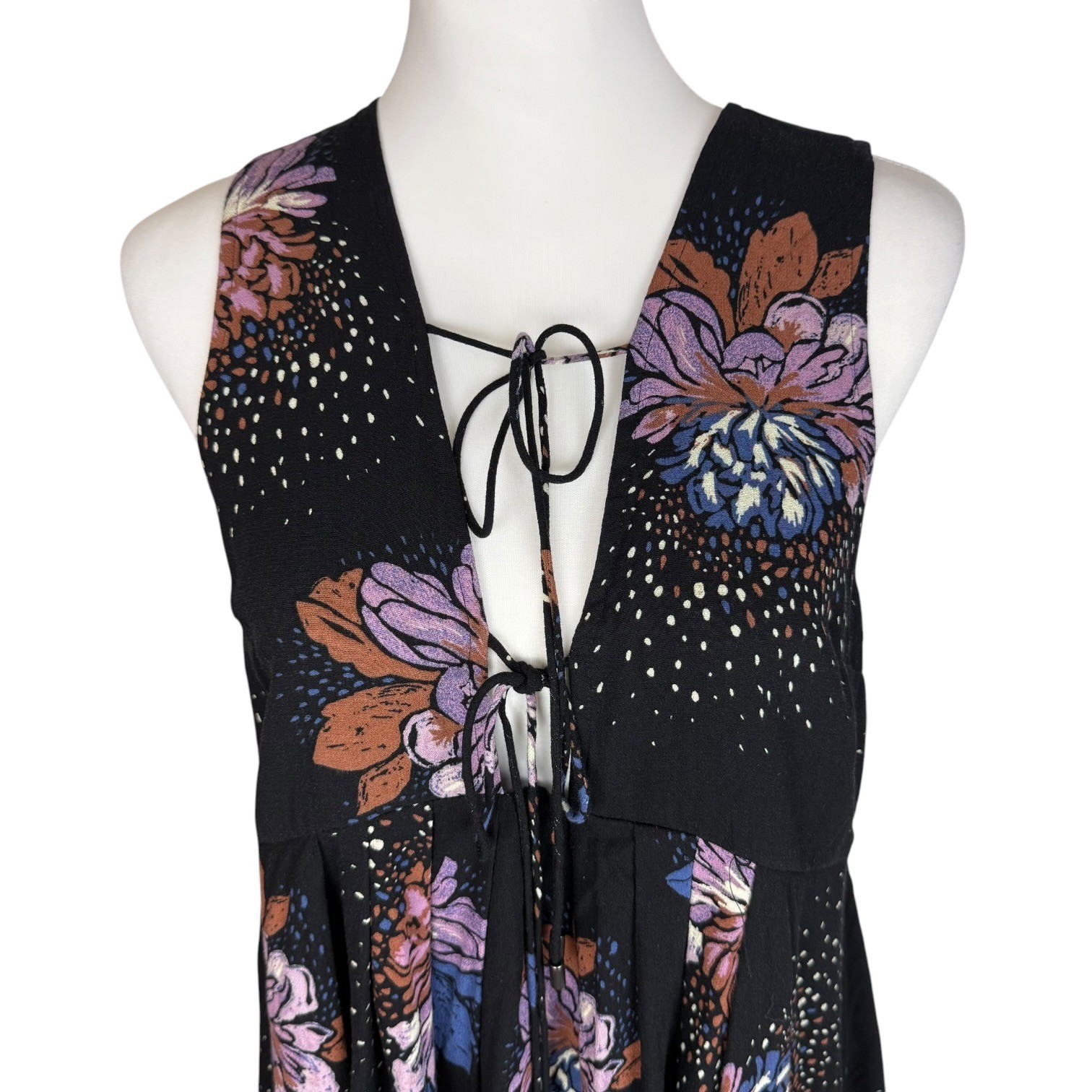 Free People Lovely Day Tie Front Mini Dress Tunic Black Floral Open Back XS