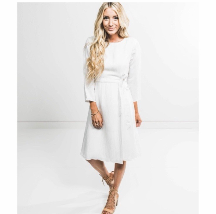 Stevie Hender White Wrap Midi Dress Large NWT Rayon Lined 3/4 Sleeve Tie Waist