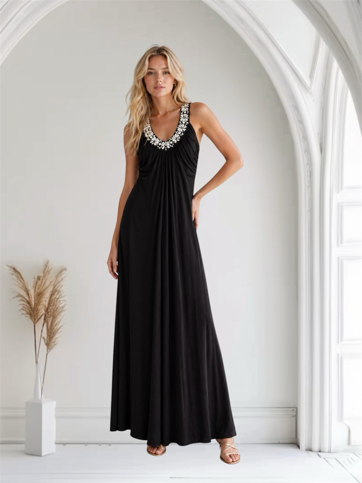 Soft Surroundings Black Beaded Maxi Dress Size XS Elegant Summer Party Event NWT