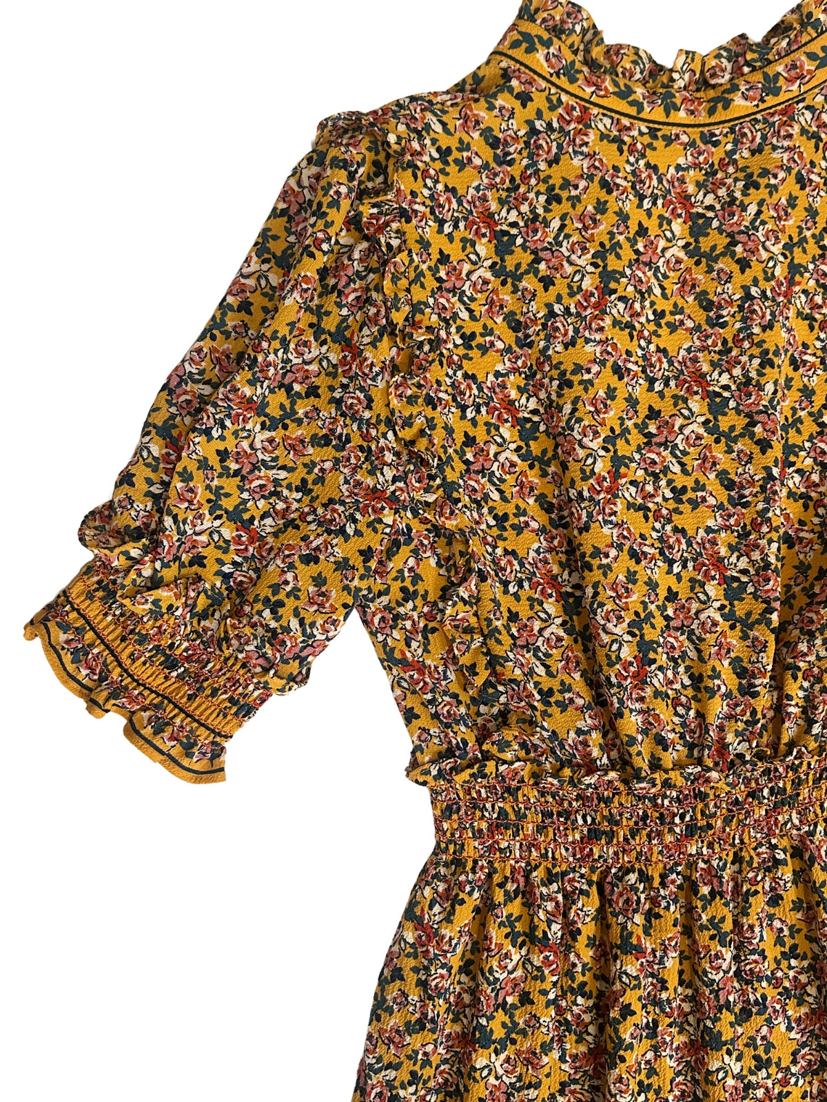 Max Studio Maxi Dress Small Mustard Floral Smocked Waist Tiered Boho Sleeve EUC