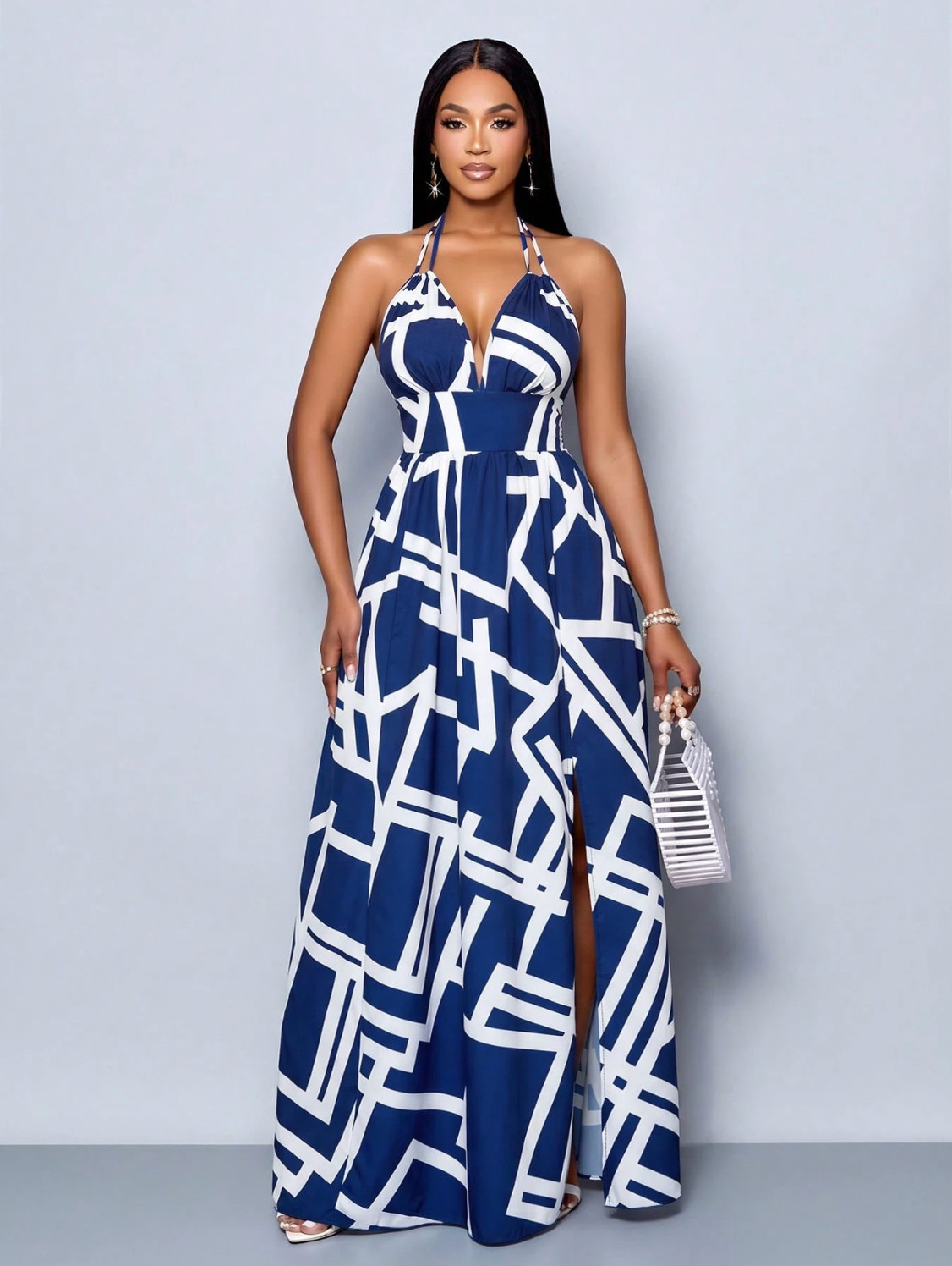 Women’s Blue and White Halter Backless Beaded Maxi Dress S/M/L