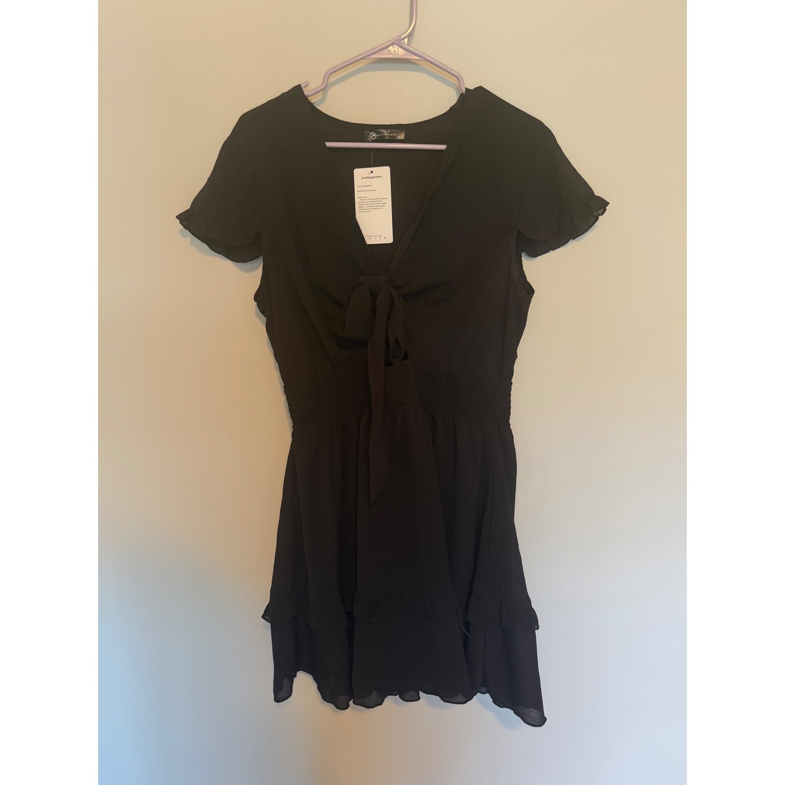 Prettygarden Black Tie Front V Neck Smocked Waist Ruffle Mini Dress Large NWT
