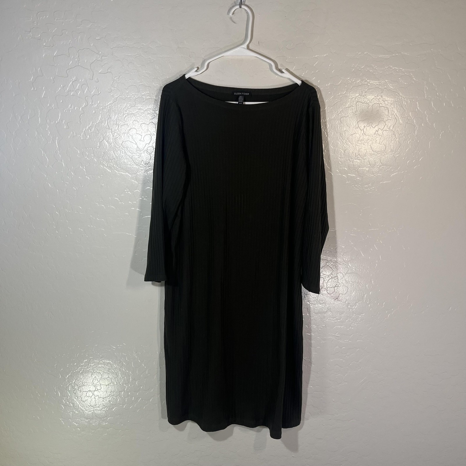 Eileen Fisher Dress Womens Medium Green Ribbed Knit Shift 3/4 Sleeve Boat Neck